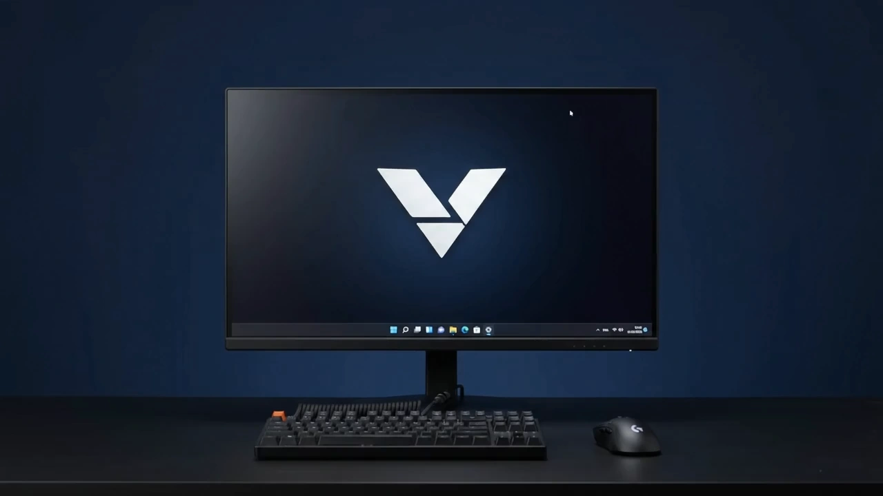 Monitor com a identidade visual da VN Tech em um ambiente azul escuro.